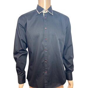 Envy Men’s Button Up Black Shirt, L Slim Fit Contrasting Plaid Trim Long Sleeve